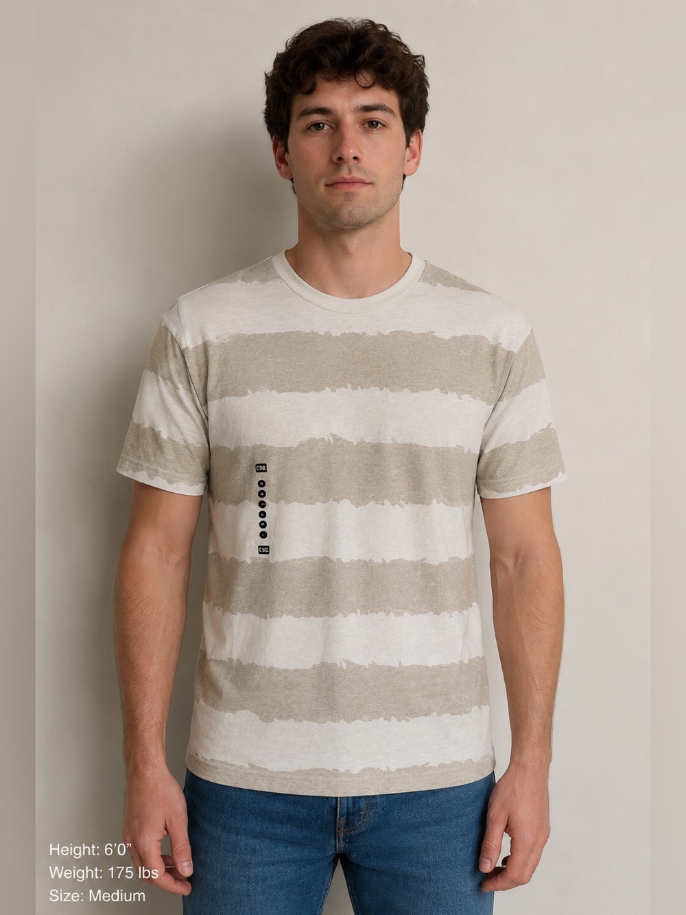 CSG Men’s Size Medium Beige White Stripe Casual Crew Neck Tee